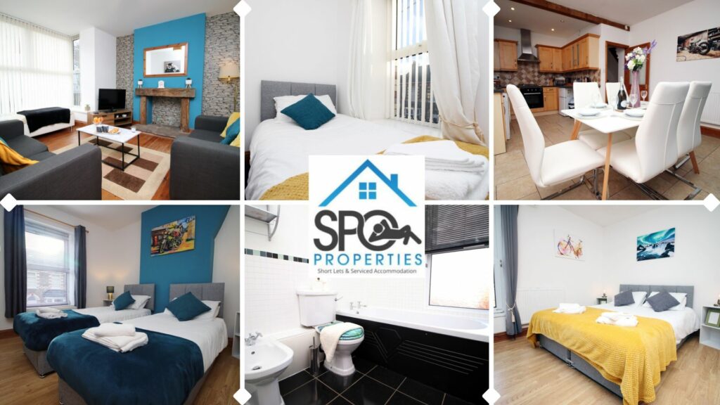 Collage showing serviced contractor accommodation in Pontypool by SPO Properties, featuring kitchen, dining area, bedrooms, living room and bathroom.