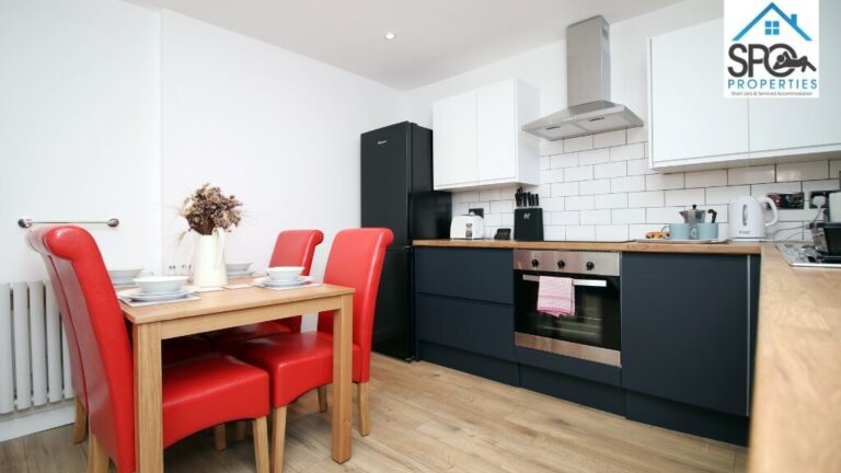 Modern open plan kitchen and dining area in our SPO Properties contractor accommodation in Merthyr Tydfil, South Wales.